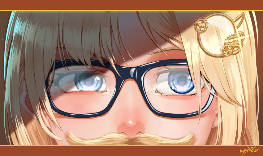 1girl bangs bespectacled blue_eyes close-up eyebrows_visible_through_hair fake_facial_hair fake_mustache glasses hair_ornament highres hololive hololive_english kikino monocle_hair_ornament nose shaded_face shiny solo virtual_youtuber watson_amelia