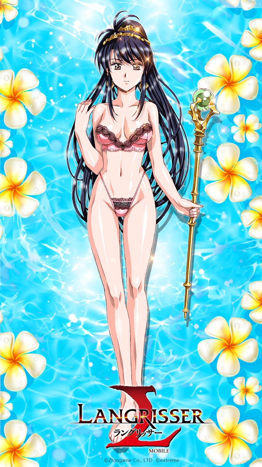 1girl barefoot black_hair bra breasts collarbone copyright drop_shadow earrings flower glint gold grey_eyes highres holding holding_staff jessica_(langrisser) jewelry lace-trimmed_bra lace-trimmed_panties lace_trim langrisser langrisser_mobile logo long_hair looking_at_viewer medium_breasts navel official_art panties photoshop_(medium) pink_bra pink_panties shiny shiny_skin smile solo sparkle staff standing strapless strapless_bra string_panties underwear urushihara_satoshi