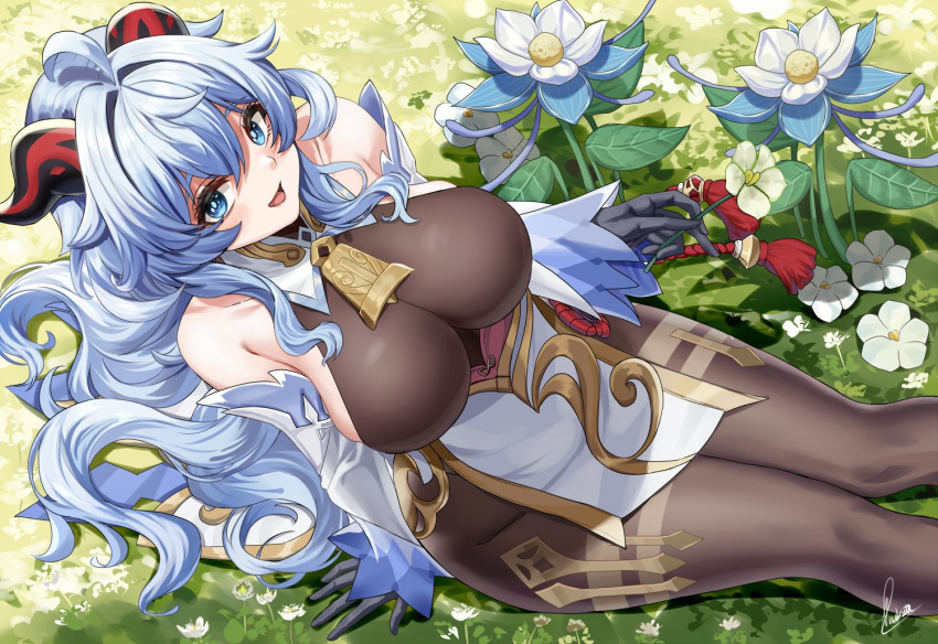 1girl alternate_eye_color arm_support bare_shoulders bell blue_eyes blue_hair bodysuit bodysuit_under_clothes breasts brown_bodysuit collarbone commentary covered_navel cowbell english_commentary flower from_above ganyu_(genshin_impact) genshin_impact goat_horns grass hair_between_eyes holding holding_flower horns large_breasts long_hair looking_at_viewer open_mouth piukute062 sitting smile solo