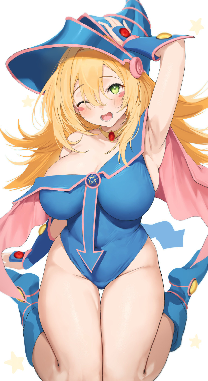 1girl armpits blonde_hair blue_footwear blue_headwear blush blush_stickers boots breasts choker dark_magician_girl duel_monster eyebrows_visible_through_hair green_eyes hand_on_headwear hat highres large_breasts long_hair looking_at_viewer magical_girl nekoshoko one_eye_closed open_mouth sitting solo star_(symbol) thighs wariza white_background wizard_hat yellow_choker yu-gi-oh! yu-gi-oh!_duel_monsters