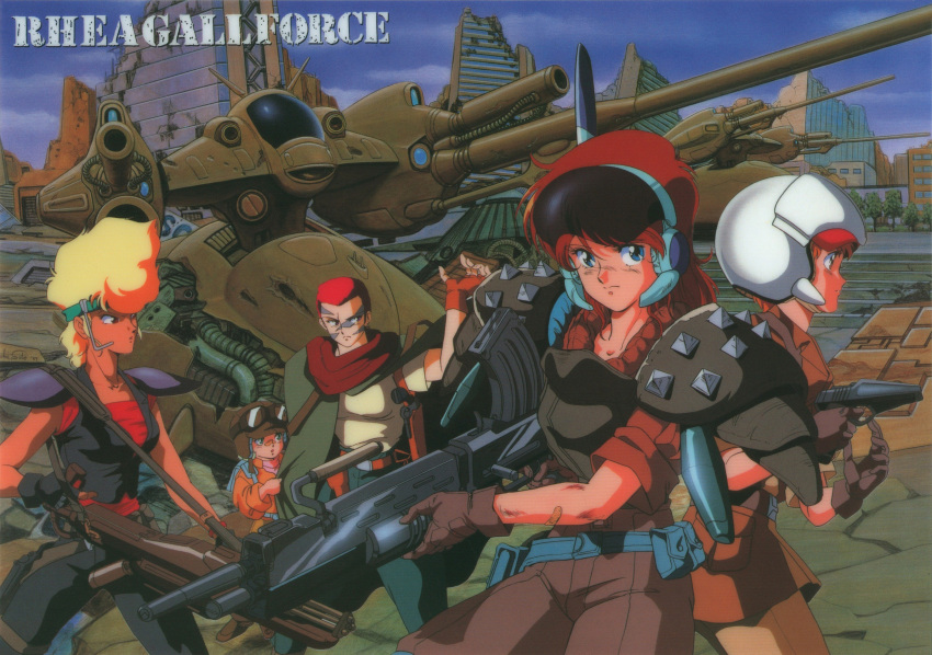 1990s_(style) 5girls aqua_eyes armor blonde_hair brown_hair copyright_name dark_skin dark-skinned_female facepaint fingerless_gloves fortin gall_force gloves goggles goggles_on_headwear green_hair gun handgun headband helmet highres holding holding_gun holding_weapon holstered_weapon long_hair looking_at_viewer multiple_girls official_art outdoors red_eyes retro_artstyle rifle rumy_(gall_force) sandy_newman scan score_(gall_force) short_hair shoulder_armor sonoda_ken'ichi very_short_hair visor weapon