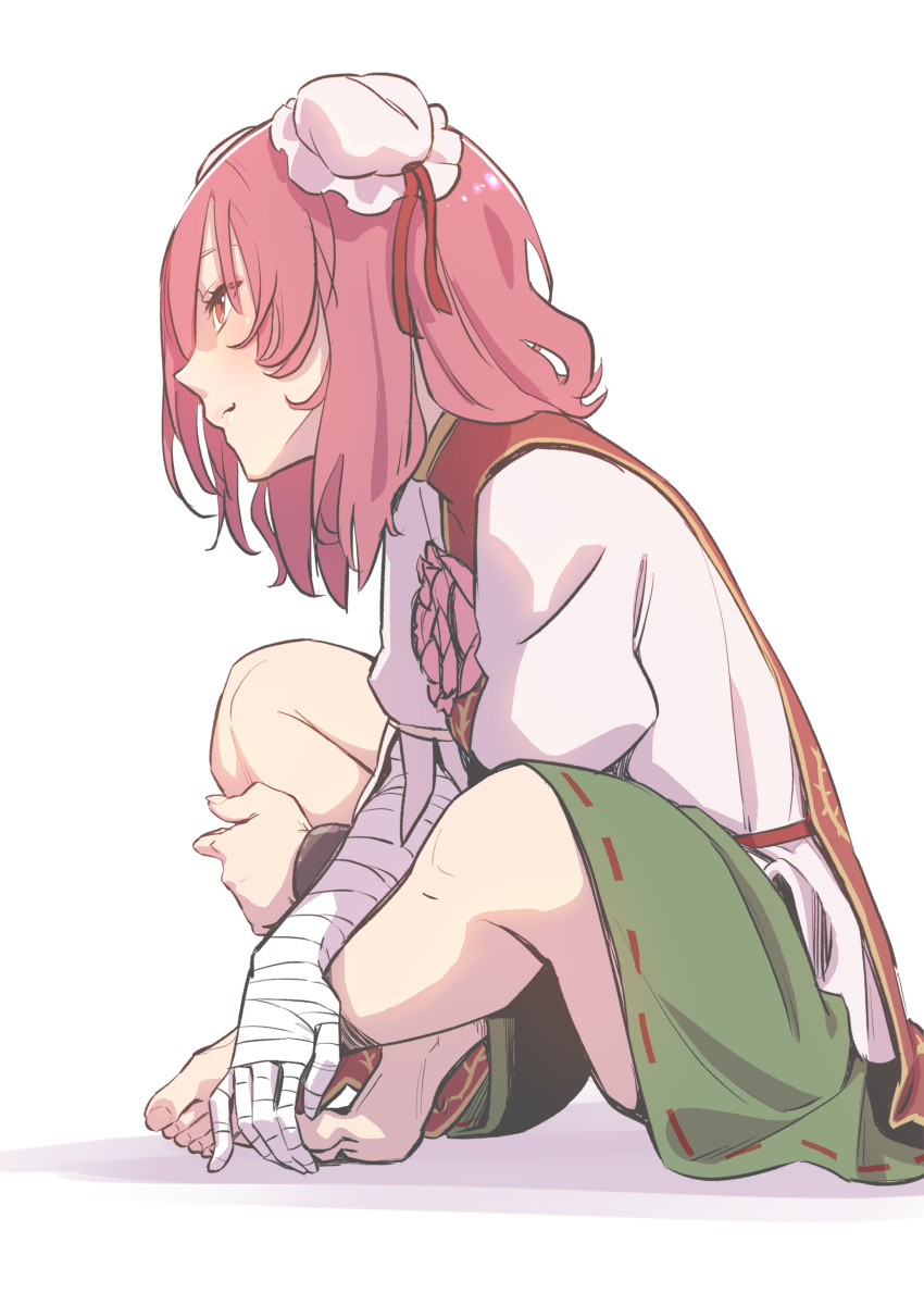 1girl absurdres bandaged_arm bandages barefoot bun_cover commentary_request crossed_ankles cuffs double_bun flower green_skirt highres ibaraki_kasen indian_style kawayabug pink_eyes pink_flower pink_hair puffy_short_sleeves puffy_sleeves ribbon-trimmed_skirt ribbon_trim rose shackles shirt short_hair short_sleeves sitting skirt tabard touhou white_background white_shirt