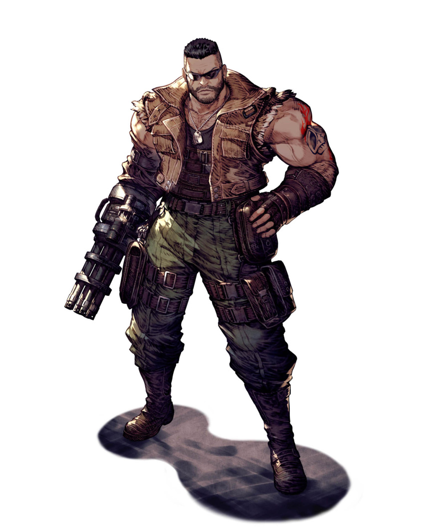 1boy arm_cannon barret_wallace dark_skin dark_skinned_male dog_tags final_fantasy final_fantasy_vii final_fantasy_vii_remake fingerless_gloves full_body gloves hand_on_hip highres looking_at_viewer official_art ryuji_ohara simple_background solo sunglasses tattoo third-party_source vest war_of_the_visions:_final_fantasy_brave_exvius weapon