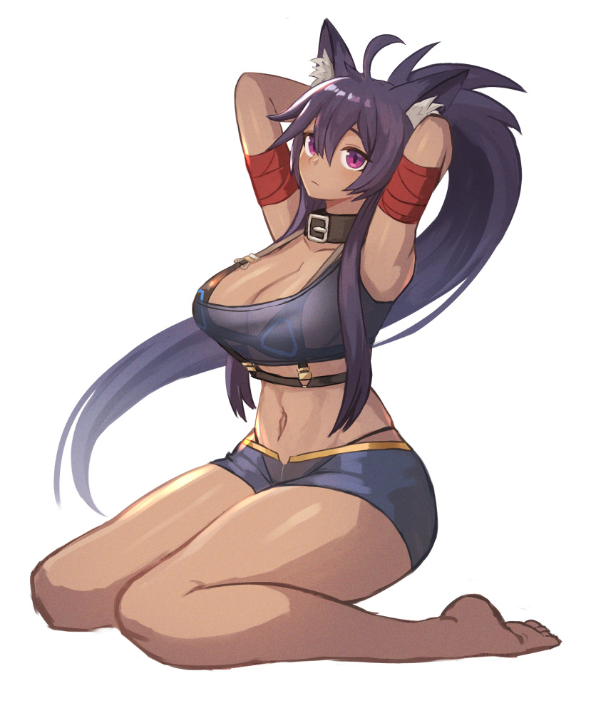 1girl absurdres ahoge animal_ears arms_up bare_legs bare_shoulders bikini bikini_top breasts cat_ears closed_mouth collar commission dark_skin dark-skinned_female full_body highres large_breasts long_hair midriff navel original pink_hair pixiv_request ponytail purple_hair see-through short_shorts shorts simple_background sitting solo sookmo swimsuit thick_thighs thighs very_long_hair wariza white_background