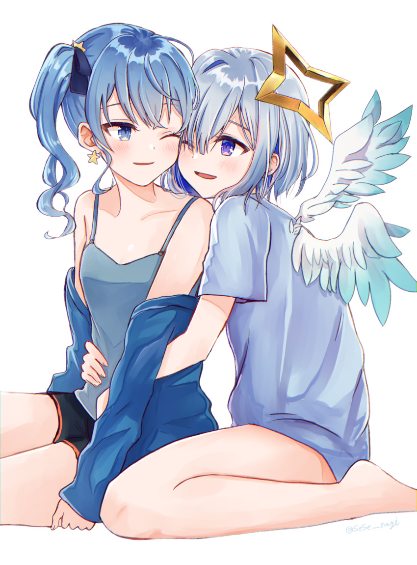 2girls amane_kanata angel angel_wings artist_name asymmetrical_bangs asymmetrical_hair bangs bare_shoulders barefoot black_shorts blue_camisole blue_eyes blue_hair blue_shirt blue_wings blush bob_cut camisole collarbone colored_inner_hair commentary earrings face-to-face feathered_wings gradient gradient_wings hair_ornament hair_over_one_eye hair_ribbon halo highres hololive hoshimachi_suisei hug hug_from_behind jewelry long_hair looking_at_another mini_wings multicolored multicolored_hair multicolored_wings multiple_girls off_shoulder one_eye_closed open_clothes open_mouth open_shirt pink_hair pp_tenshi_t-shirt ribbon sese_nagi shirt short_hair short_shorts shorts side_ponytail silver_hair single_hair_intake sitting smile star_(symbol) star_earrings star_hair_ornament star_halo streaked_hair t-shirt twitter_username violet_eyes virtual_youtuber wariza white_wings wings yuri