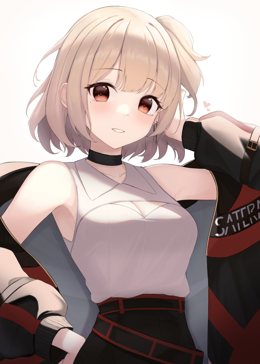 1girl absurdres arm_up armpits bare_shoulders black_choker black_jacket blonde_hair choker g_home grin hand_on_hip highres jacket long_sleeves looking_at_viewer mole mole_under_eye off_shoulder one_side_up open_clothes open_jacket original red_eyes shirt shirt_tucked_in short_hair simple_background sleeveless sleeveless_shirt smile solo upper_body white_background white_shirt