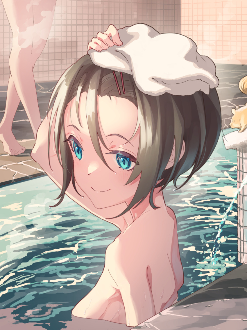 2girls blue_eyes brown_hair closed_mouth commentary_request hair_ornament hairclip highres michinoku_(hiking_miusan18) multiple_girls nude onsen original shared_bathing short_hair smile steam towel towel_on_head water wet