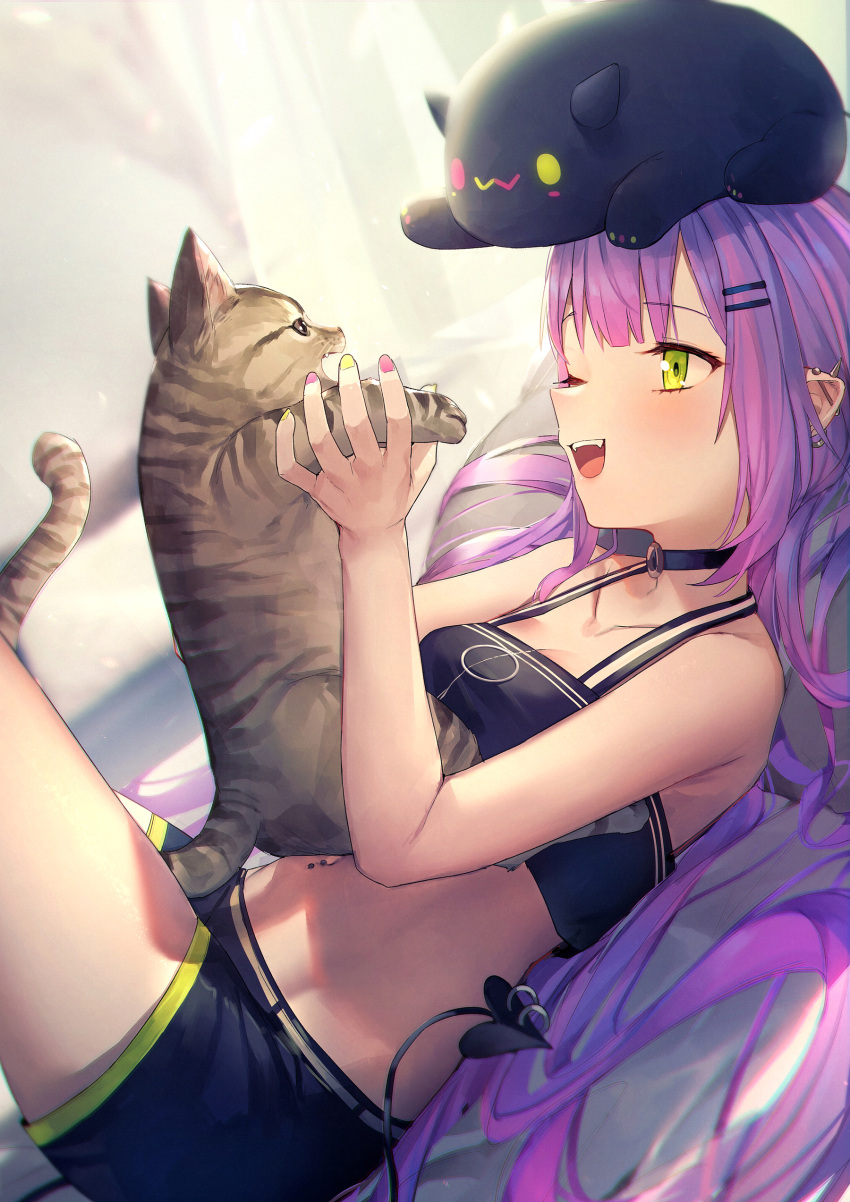 1girl :3 ;d absurdres animal bangs bare_shoulders bibi_(tokoyami_towa) black_choker black_shorts black_tank_top blush breasts cat choker collarbone commentary cowboy_shot creature_on_head crop_top demon_tail ear_piercing eyebrows_visible_through_hair fingernails green_eyes green_nails hair_ornament hairpin halter_top halterneck highres holding holding_animal holding_cat hololive legs_up long_hair looking_at_animal lying mr.lime multicolored multicolored_hair multicolored_nails nail_polish navel navel_piercing on_back one_eye_closed open_mouth piercing pink_hair pink_nails purple_hair short_shorts shorts smile stomach tail tail_ornament tail_piercing tank_top teeth tokoyami_towa two-tone_hair upper_teeth very_long_hair virtual_youtuber