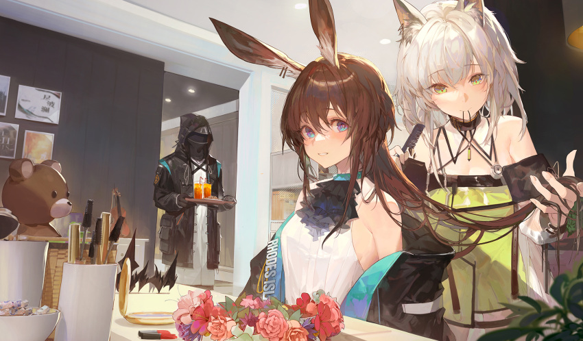 1girl 1other 2girls amiya_(arknights) animal_ears arknights ascot bare_shoulders black_choker black_coat black_gloves blue_eyes bowl brown_hair candy choker clothes_writing coat comb combing cosmetics crown crown_removed cup doctor_(arknights) dress drink drinking_glass flower flower_wreath food gloves green_dress green_eyes hibiscus highres holding holding_tray hood hood_up hooded_coat indoors instrument kal'tsit_(arknights) kuroduki_(pieat) lipstick_tube long_hair looking_at_viewer mask multiple_girls off_shoulder open_clothes open_coat parted_lips pink_flower pink_rose rabbit_ears rose shirt silver_hair smile stuffed_animal stuffed_toy table teddy_bear tray upper_body very_long_hair violin white_shirt