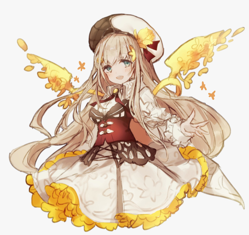 1225ka 1girl aqua_eyes beret blonde_hair blush cape collared_shirt corset dress energy_wings flower hair_flower hair_ornament happy hat hat_ornament highres long_hair long_sleeves looking_at_viewer open_mouth petals puffy_long_sleeves puffy_sleeves rapunzel_(sinoalice) ribbon shirt sidelocks sinoalice sketch solo white_background wings yellow_flower