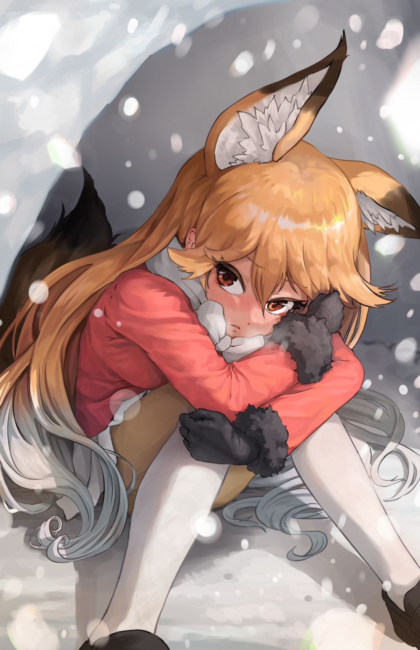 1girl animal_ear_fluff animal_ears bangs black_footwear black_gloves blonde_hair blush bow bowtie brown_eyes closed_mouth extra_ears eyebrows_visible_through_hair ezo_red_fox_(kemono_friends) fox_ears fox_tail frown fur-trimmed_sleeves fur_trim gloves gradient gradient_hair gradient_legwear highres jacket kemono_friends leg_hug long_hair long_sleeves looking_at_viewer melaton miniskirt multicolored_hair orange_jacket orange_legwear pantyhose pleated_skirt shoes sitting skirt snowing solo tail white_hair white_legwear white_neckwear white_skirt