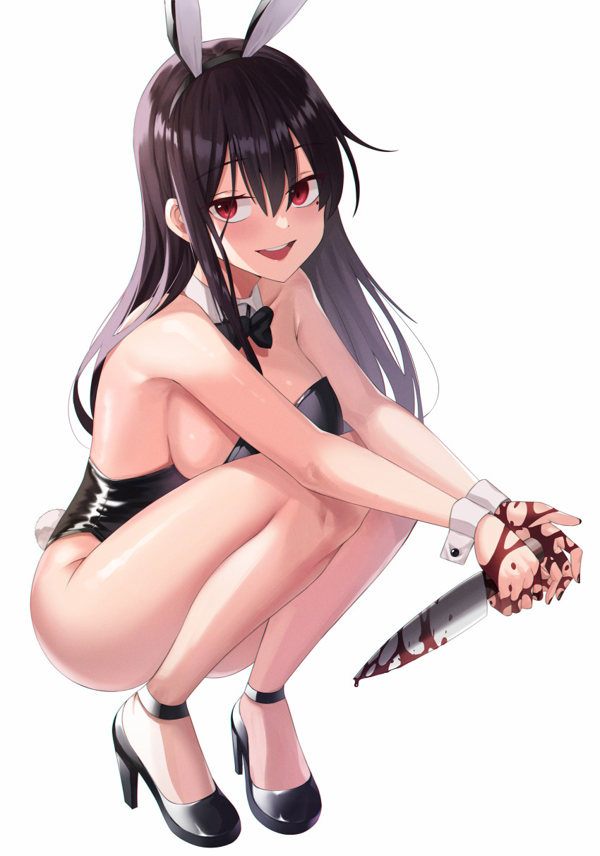 1girl :d absurdres animal_ears bangs bare_legs black_bow black_hair black_leotard blood bloody_hands bloody_weapon bow bowtie breasts bunny_tail commentary_request copyright_request detached_collar eyebrows_visible_through_hair fake_animal_ears fake_tail highres holding holding_weapon huge_filesize kim_nag-seo knife leotard long_hair mole mole_under_eye open_mouth pantyhose playboy_bunny rabbit_ears red_bow red_eyes smile solo squatting strapless strapless_leotard tail thighs upper_teeth weapon wrist_cuffs