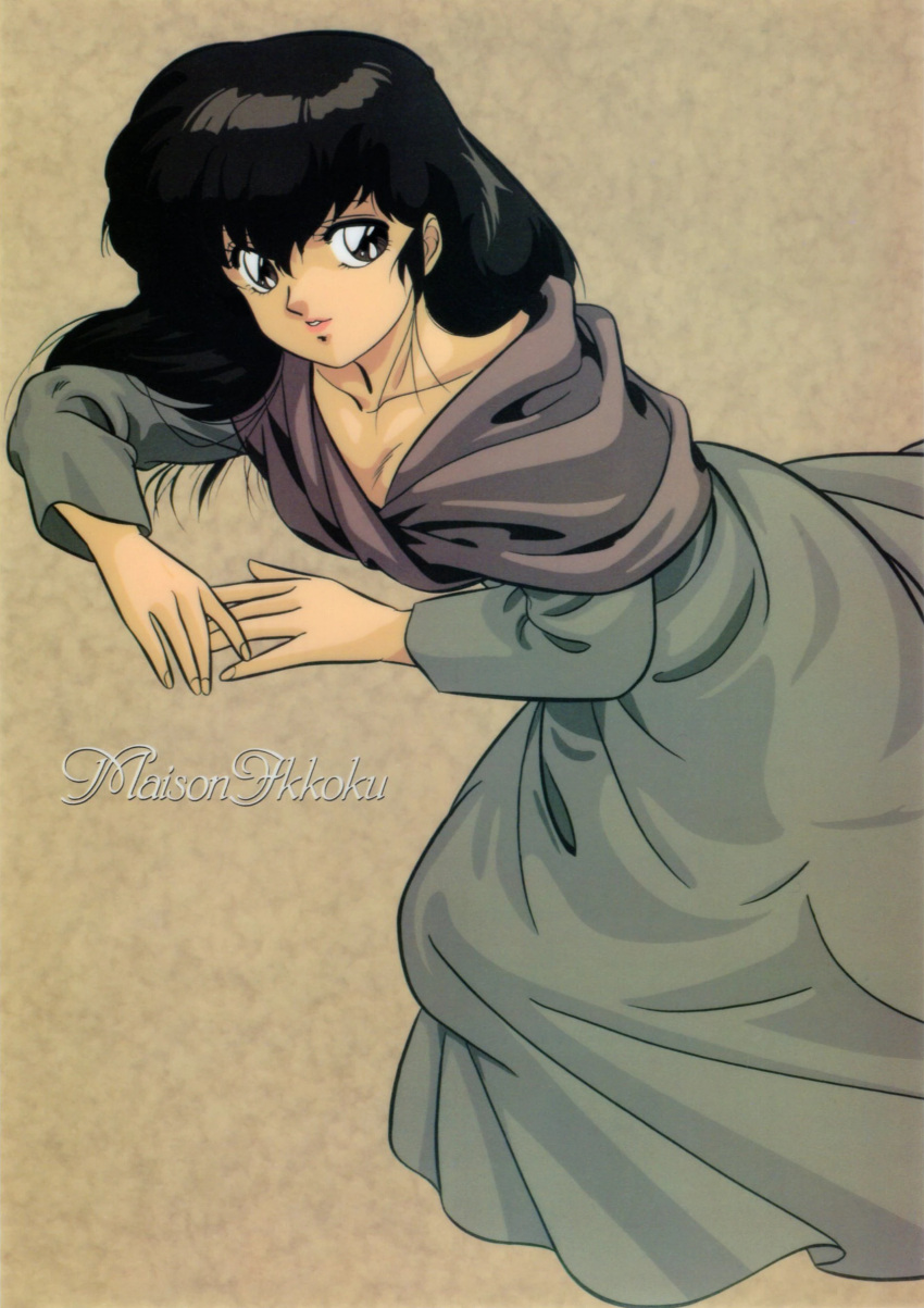 1980s_(style) 1girl absurdres bangs black_hair brown_eyes brown_theme character_name collarbone dress hands_together highres long_hair long_sleeves looking_at_viewer maison_ikkoku nakajima_atsuko official_art otonashi_kyouko parted_lips retro_artstyle scan solo