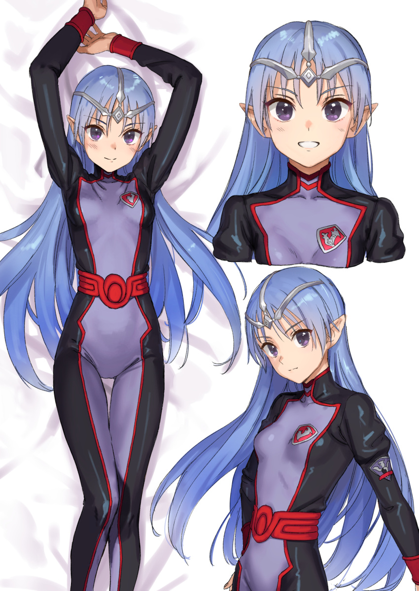 1girl :d blue_hair bodysuit breasts closed_mouth dakimakura_(medium) hands_up highres kawakami_rokkaku lafiel long_hair looking_at_viewer lying on_back open_mouth pointy_ears purple_bodysuit sash seikai_no_senki small_breasts smile solo thigh_gap very_long_hair violet_eyes