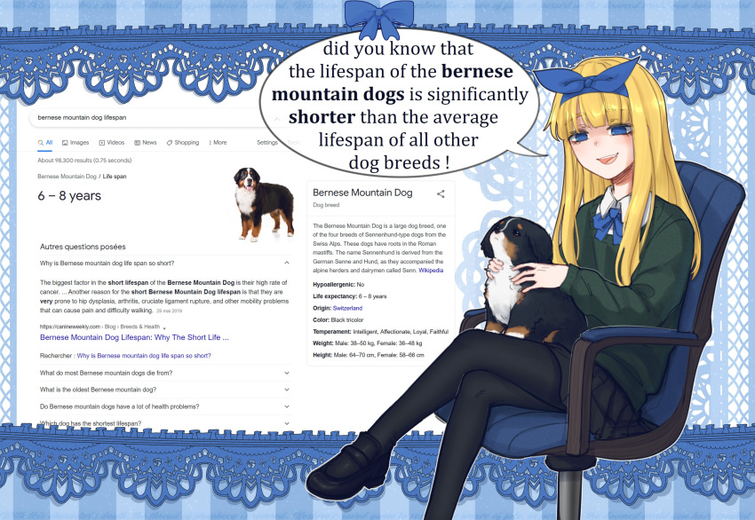 1girl :d absurdres animal bangs bernese_mountain_dog black_footwear black_legwear black_skirt blonde_hair blue_bow blue_eyes bow bully_girl_(popopoka) chair collared_shirt commentary crossed_legs dog english_commentary english_text foot_out_of_frame google green_sweater highres holding long_hair on_lap open_mouth original pantyhose pleated_skirt popopoka shirt shoes sitting skirt smile speech_bubble striped striped_background sweater white_shirt