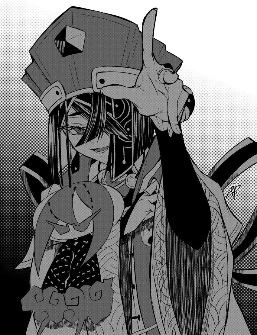 1girl breasts bridal_gauntlets chikage_(blackclownery) chinese_clothes doll fate/grand_order fate_(series) greyscale hair_ornament hair_over_one_eye hairpin hat highres holding holding_doll long_sleeves looking_at_viewer mole mole_under_eye monochrome open_mouth robe short_hair small_breasts smile stuffed_toy wide_sleeves xu_fu_(fate) yu_mei-ren_(fate)