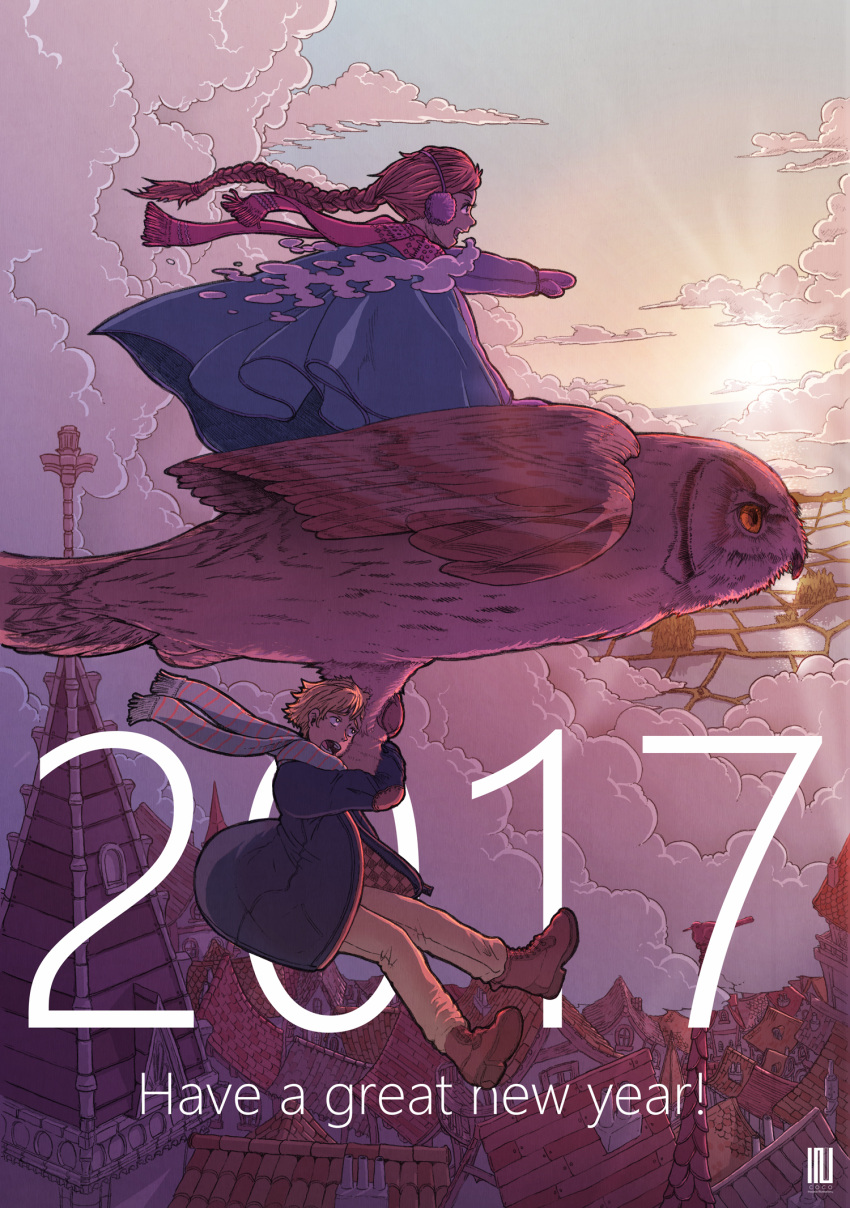 1boy 1girl 2017 animal bird black_jacket blonde_hair braid braided_ponytail brown_footwear brown_hair building clouds earmuffs grey_scarf highres inukoko jacket long_hair new_year open_mouth original outdoors oversized_animal owl pink_scarf profile rice_paddy riding scarf shoes short_hair sky smile twilight