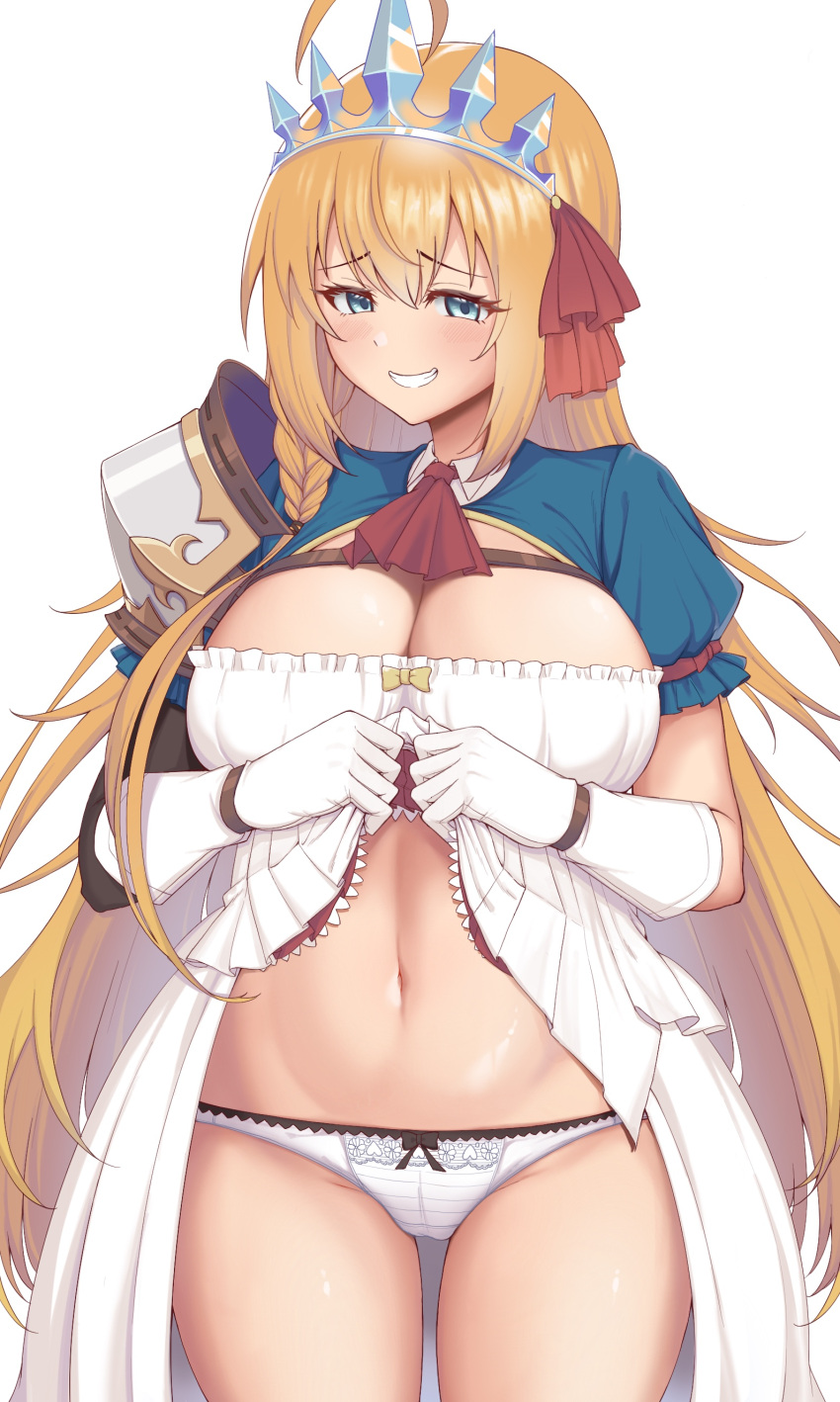 1girl absurdres blue_eyes blue_sleeves braid breasts dress dress_lift gloves highres large_breasts lifted_by_self long_hair orange_hair panties pecorine_(princess_connect!) period_(anony_83) princess_connect! princess_connect!_re:dive puffy_short_sleeves puffy_sleeves red_ribbon ribbon short_sleeves shrug_(clothing) side_braid single_pauldron solo tiara underwear white_gloves white_panties