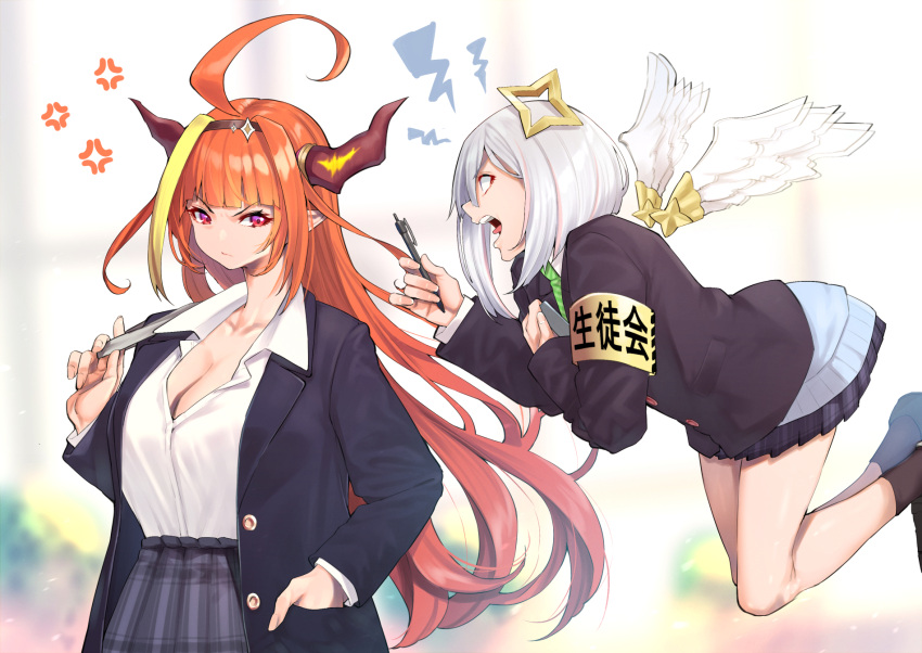 2girls ahoge alternate_costume amane_kanata anger_vein armband blazer blonde_hair blurry blurry_background breasts commentary_request detached_wings floating halo hand_in_pocket highres hololive horns huge_ahoge jacket kiryu_coco large_breasts long_hair long_sleeves mechanical_pencil mikan_(chipstar182) multicolored_hair multiple_girls open_blazer open_clothes open_jacket orange_hair pencil pointy_ears red_eyes short_hair shouting silver_hair streaked_hair v-shaped_eyebrows virtual_youtuber wings