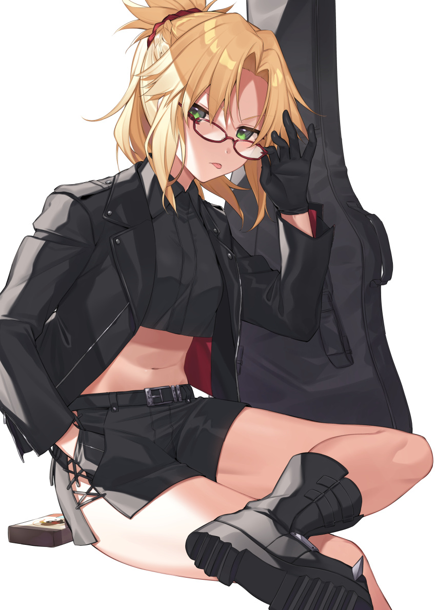 1girl absurdres bangs belt black_footwear black_gloves black_jacket black_shirt black_shorts blonde_hair boots braid breasts citron_82 crop_top crossed_legs fate/apocrypha fate_(series) french_braid glasses gloves green_eyes guitar_case hair_ornament hair_scrunchie highres instrument_case jacket knee_boots long_hair long_sleeves looking_at_viewer midriff mordred_(fate) mordred_(fate)_(all) navel open_clothes open_jacket parted_bangs ponytail scrunchie shirt shorts sidelocks sitting small_breasts thighs tongue tongue_out