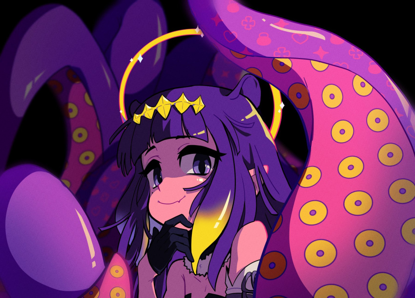 1girl bangs bare_shoulders black_gloves blunt_bangs blurry blurry_background closed_mouth commentary depth_of_field eyebrows_visible_through_hair face gloves hand_up highres hololive looking_at_viewer mole mole_under_eye ninomae_ina'nis purple_hair raburine smile solo symbol_commentary tentacle_hair tentacles violet_eyes virtual_youtuber