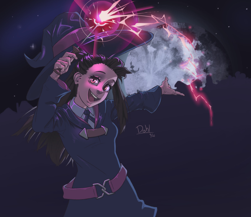 1girl brown_hair clouds glowing hat highres kagari_atsuko little_witch_academia ludwig_dahlberg luna_nova_school_uniform magic open_mouth school_uniform signature sky smile sparks star_(sky) starry_sky wand witch_hat