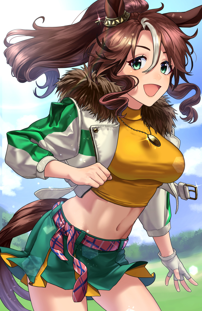 1girl :d absurdres animal_ears bangs blue_eyes blue_sky breasts brown_hair clenched_hand clouds commentary_request cowboy_shot cropped_jacket day ear_ribbon eyebrows_behind_hair fingerless_gloves floating_hair fur-trimmed_jacket fur_trim glint gloves grass groin hair_between_eyes highres horse_ears horse_girl horse_tail jacket jewelry large_breasts looking_at_viewer mejiro_palmer_(umamusume) midriff multicolored_hair navel necklace open_mouth outdoors partial_commentary pleated_skirt ponytail shirt sidelocks single_fingerless_glove skirt sky smile solo standing streaked_hair tail taut_clothes taut_shirt turtleneck umamusume white_gloves white_hair white_jacket yellow_shirt yopio_(sokryopi)