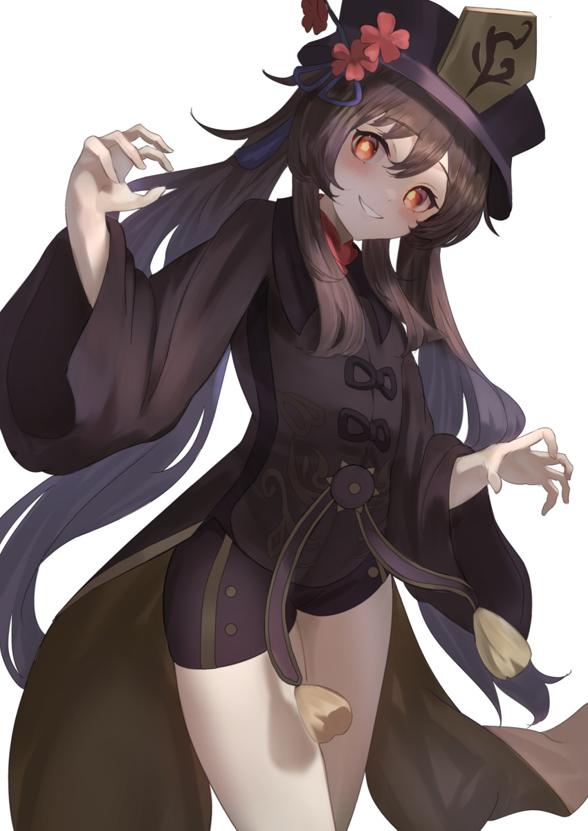 1girl :d absurdres black_headwear black_shorts blush brown_hair chinese_clothes claw_pose eyebrows_visible_through_hair flower genshin_impact highres hu_tao long_hair long_sleeves open_mouth owaowa_no_mi plum_blossoms red_eyes short_shorts shorts simple_background smile solo symbol-shaped_pupils tailcoat twintails very_long_hair white_background wide_sleeves