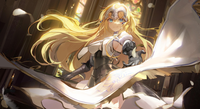 1girl absurdres armor armored_dress bangs blonde_hair blue_eyes blush breasts chain collar dress fate/apocrypha fate/grand_order fate_(series) faulds flag gauntlets headpiece highres jeanne_d'arc_(fate) jeanne_d'arc_(fate)_(all) large_breasts long_hair looking_at_viewer metal_collar plackart smile very_long_hair white_dress yakumo_1041624199