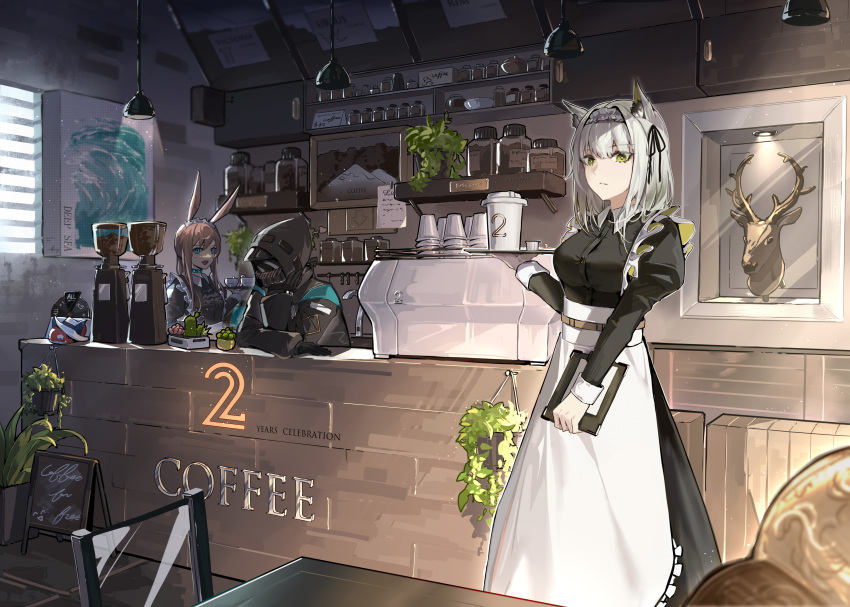 1other 2girls absurdres alternate_costume ambiguous_gender amiya_(arknights) animal_ears apron arknights ascot bangs black_dress black_jacket blue_eyes blue_neckwear breasts brown_hair choker coffee collared_dress counter cup doctor_(arknights) dress english_text enmaided eyebrows_visible_through_hair frills green_eyes hair_between_eyes highres holding hood hooded_jacket hoodie indoors jacket kal'tsit_(arknights) long_sleeves looking_at_viewer lynx_ears maid maid_apron maid_headdress mask multiple_girls painting_(object) plant rabbit_ears shop silver_hair sleeve_cuffs spinning_wheel stuffed_animal stuffed_orca stuffed_toy white_apron yuan_long