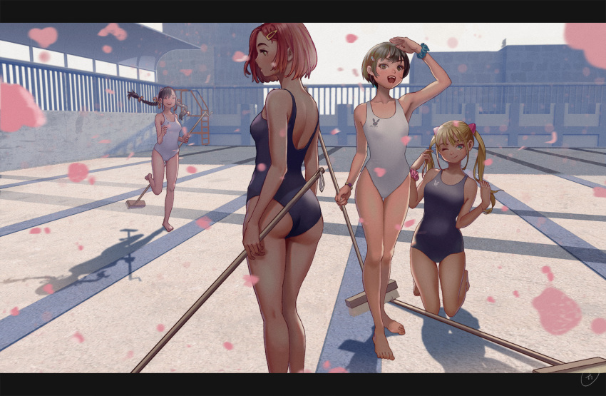 4girls :d ;) arm_up ass back backlighting bangs barefoot black_hair blonde_hair blue_swimsuit blush bob_cut braid breasts broom cherry_blossoms day empty_pool falling_petals hair_ornament hairclip hands_up highres holding holding_broom holding_hair kneeling letterboxed long_hair looking_at_viewer multiple_girls one-piece_swimsuit one_eye_closed open_mouth original outdoors petals pool profile redhead running school_swimsuit scrunchie shadow short_hair sidelocks small_breasts smile standing sunlight swimsuit tatalu twin_braids twintails white_swimsuit wrist_scrunchie