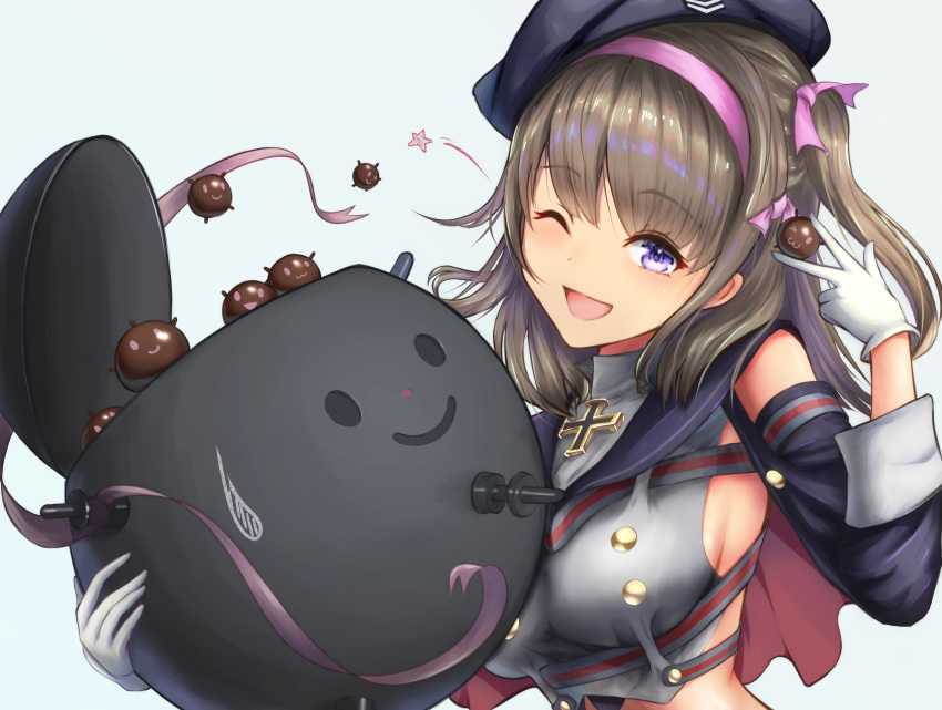 1girl ;d absurdres azur_lane bangs bare_shoulders beret black_sleeves blue_background blush breasts brown_hair chocolate commentary_request crop_top detached_sleeves explosive eyebrows_behind_hair eyebrows_visible_through_hair food gloves grey_shirt hair_ribbon hairband hat highres holding holding_food iron_cross kanbashi long_hair looking_at_viewer medium_breasts mine_(weapon) naval_mine one_eye_closed open_mouth pink_hairband pink_ribbon ribbon shirt sideboob sidelocks simple_background sleeveless sleeveless_shirt smile solo star_(symbol) two_side_up upper_body v violet_eyes white_gloves z35_(azur_lane)