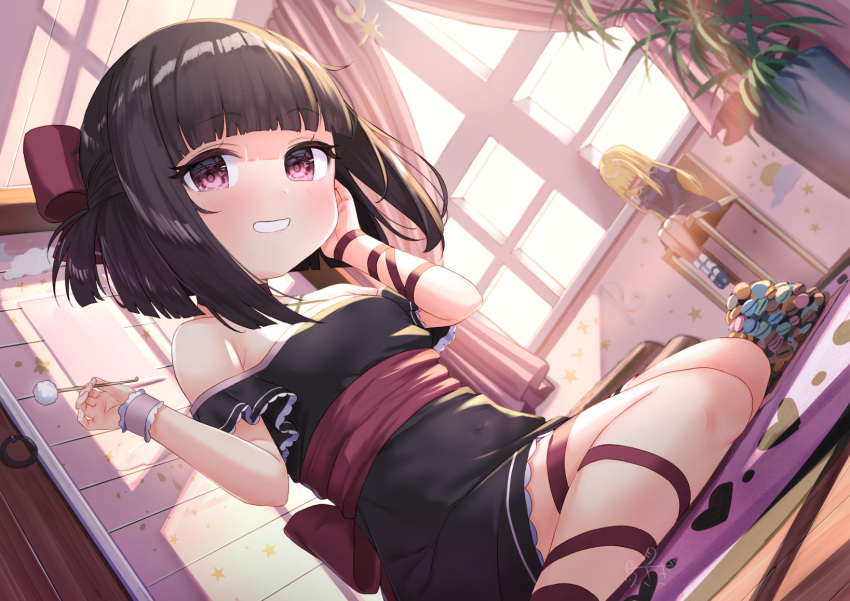 1girl arm_ribbon bangs bare_shoulders black_dress black_hair blonde_hair blush bow breasts character_request commentary_request criss-cross_halter curtains day doll door dress dutch_angle eyebrows_visible_through_hair feet_out_of_frame food hair_bow halterneck hands_up highres holding indie_virtual_youtuber indoors leg_ribbon looking_at_viewer macaron mimikaki pink_eyes plant ponytail potted_plant red_bow red_ribbon revision ribbon sitting small_breasts smile solo sunlight tsukiman virtual_youtuber wariza window wrist_cuffs