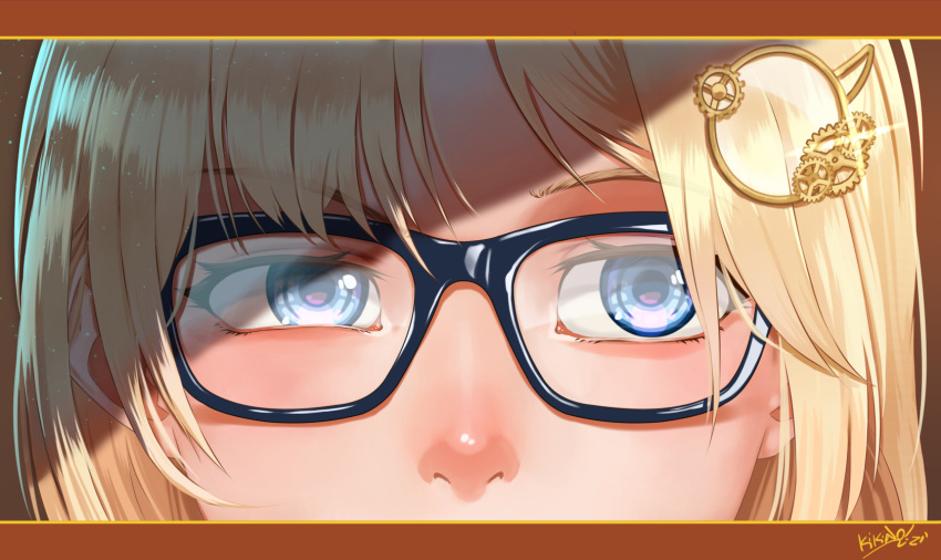 1girl bangs bespectacled blue_eyes close-up eyebrows_visible_through_hair glasses hair_ornament highres hololive hololive_english kikino monocle_hair_ornament nose shaded_face shiny solo virtual_youtuber watson_amelia