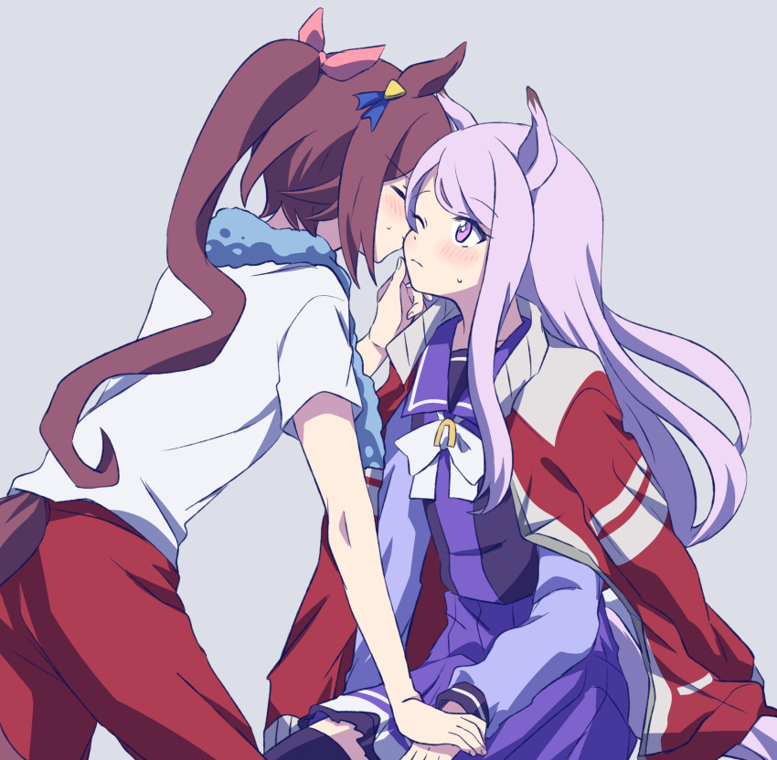 2girls absurdres animal_ears brown_hair cheek_kiss closed_eyes grey_background hair_ribbon highres horse_ears horse_girl horse_tail jacket jacket_on_shoulders kiss long_hair looking_at_another mejiro_mcqueen_(umamusume) mizin_kosutin multiple_girls one_eye_closed pink_ribbon ponytail purple_hair red_jacket ribbon school_uniform simple_background sitting tail tokai_teio_(umamusume) towel towel_around_neck track_jacket umamusume violet_eyes yuri