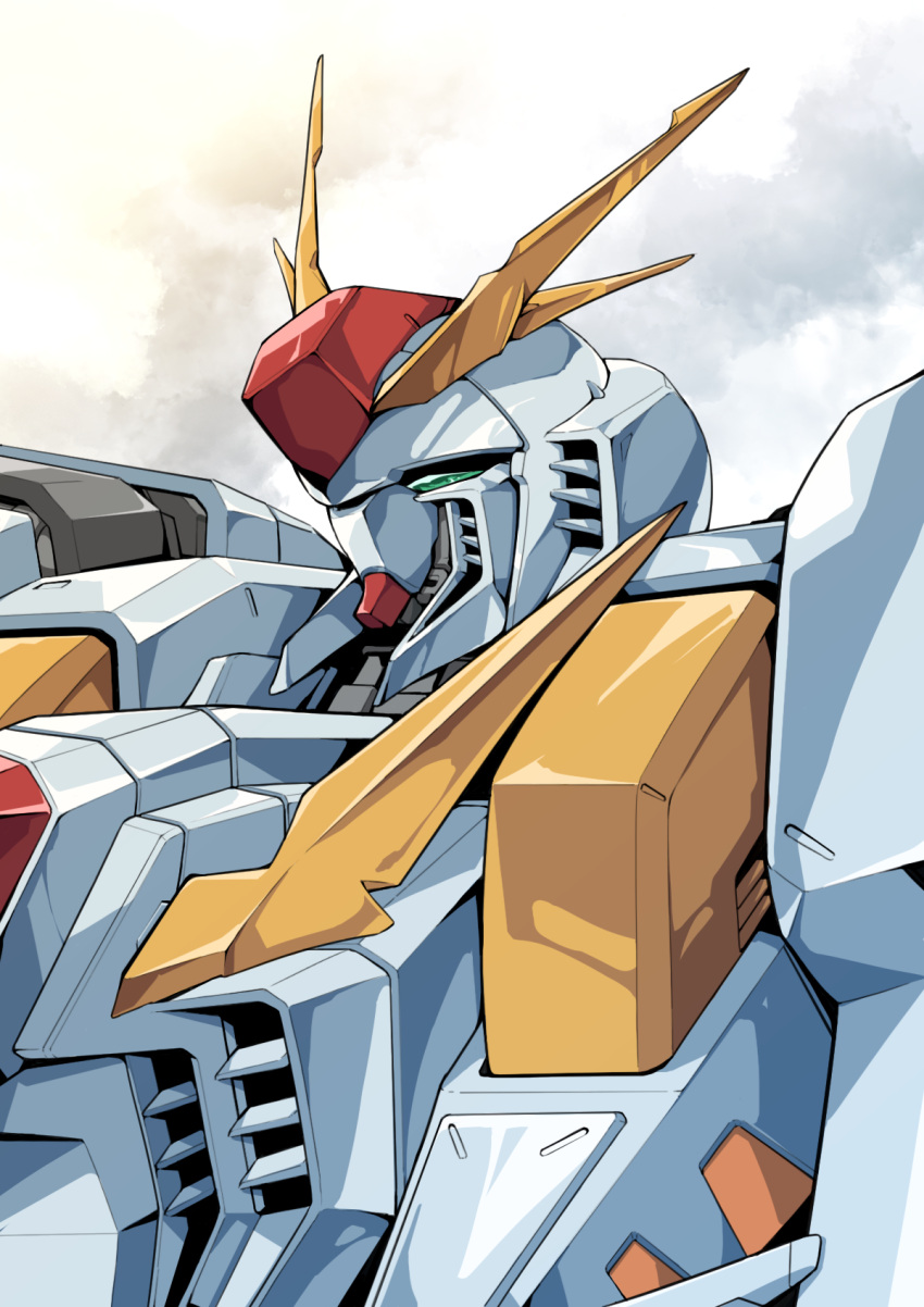 clouds cloudy_sky commentary_request gamiani_zero gundam gundam_hathaway's_flash highres mecha mobile_suit no_humans science_fiction shiny sky solo upper_body v-fin xi_gundam