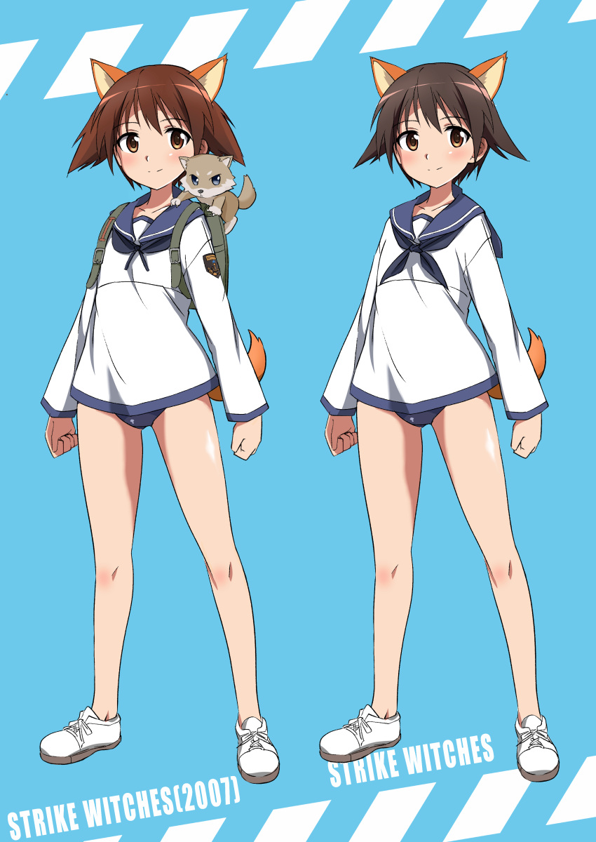 2girls absurdres animal_ears black_legwear black_neckwear black_sailor_collar blue_background brown_eyes brown_hair dog_ears dog_tail dress dual_persona highres looking_at_viewer miyafuji_yoshika multiple_girls neckerchief sailor_collar sailor_shirt school_swimsuit shirt short_hair strike_witches swimsuit swimsuit_under_clothes tail tricky_46 world_witches_series