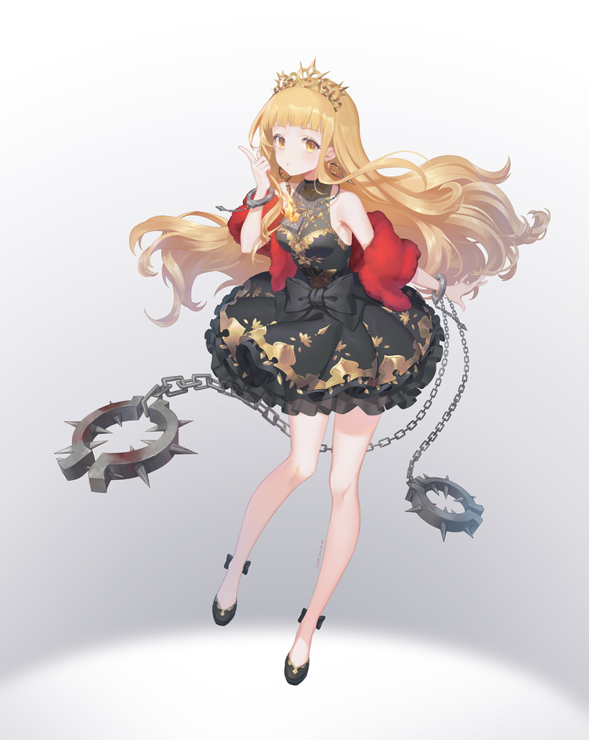 1girl bangs blonde_hair blood blunt_bangs blush bow caolao_bingren chain closed_mouth cuffs dress earrings full_body fur_trim gradient gradient_background handcuffs highres jewelry little_red_riding_hood_(sinoalice) long_hair looking_at_viewer necklace pointing pointing_up sidelocks simple_background sinoalice solo standing tiara wavy_hair weapon yellow_eyes