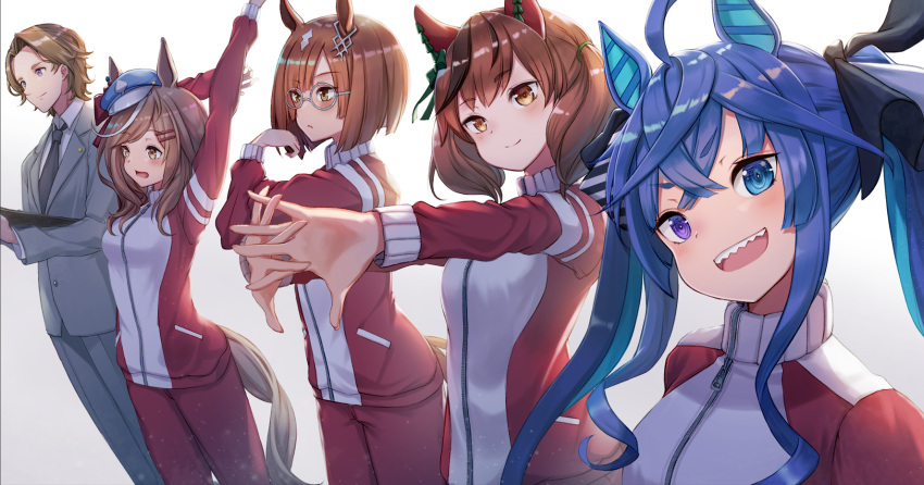 1boy 4girls :d ahoge animal_ears arm_behind_head arms_up bangs black_neckwear blue_eyes blue_hair blue_headwear blush breasts brown_eyes brown_hair collared_shirt commentary_request ear_covers eyebrows_visible_through_hair formal glasses grey_jacket grey_pants hair_ornament hairpin hat head_tilt heterochromia highres horse_ears horse_girl horse_tail ikuno_dictus_(umamusume) jacket long_hair looking_afar looking_at_viewer matikane_tannhauser medium_breasts medium_hair multicolored_hair multiple_girls necktie nice_nature_(umamusume) open_mouth pants red_jacket red_pants sharp_teeth shirt short_eyebrows short_hair sidelocks smile standing streaked_hair stretch suit tail teeth track_jacket track_pants twin_turbo_(umamusume) twintails umamusume violet_eyes white_background white_hair white_shirt yu_ni_t