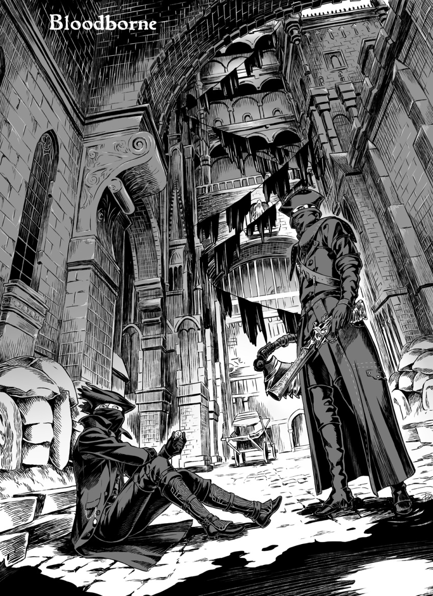 2boys arizuka_(catacombe) bloodborne boots city coat commentary_request gloves greyscale ground_vehicle gun hat highres holding holding_gun holding_weapon hunter_(bloodborne) long_sleeves male_focus mask monochrome mouth_mask multiple_boys on_ground outdoors saw_cleaver sitting standing tricorne weapon