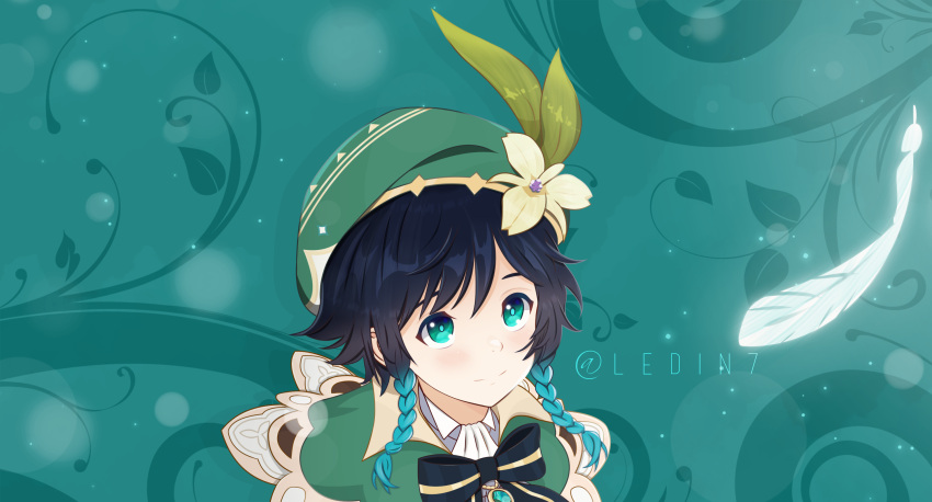 1boy androgynous bangs beret black_hair blue_hair blush bow braid brooch cape closed_mouth collared_cape collared_shirt commentary_request flower gem genshin_impact gradient_hair green_background green_eyes green_headwear hat hat_flower highres jewelry leaf ledin1 looking_up male_focus multicolored_hair shirt short_hair_with_long_locks smile solo twin_braids twitter_username venti_(genshin_impact) white_flower white_shirt