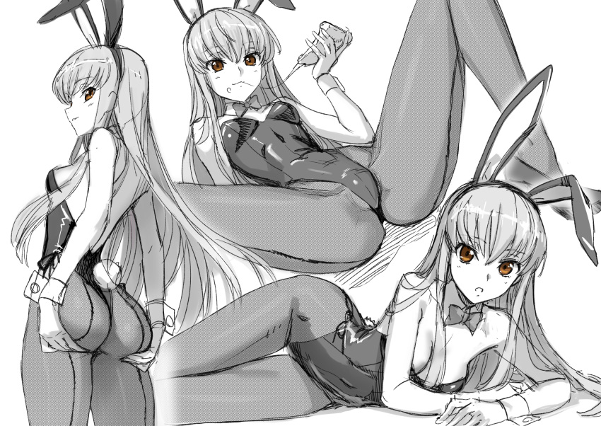 1girl animal_ears ass bow bowtie breasts brown_eyes bunny_tail c.c. code_geass detached_collar eating eye_focus fake_animal_ears fake_tail hairband highleg highleg_leotard highres holding kawakami_rokkaku leotard long_hair looking_at_viewer lying monochrome multiple_views navel on_side parted_lips pizza_slice playboy_bunny rabbit_ears reclining side-tie_leotard simple_background sitting small_breasts smile spot_color spread_legs tail thigh_gap very_long_hair white_background