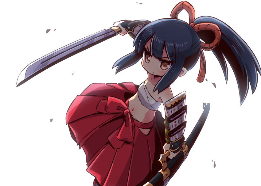 1girl armor bangs black_hair brown_eyes bushidou_(sekaiju) commentary_request drawing_sword eyebrows_visible_through_hair eyes_visible_through_hair hair_tie hakama_skirt highres holding holding_sheath holding_sword holding_weapon japanese_armor katana light long_hair naga_u ponytail sarashi sekaiju_no_meikyuu sheath simple_background solo sword unsheathed weapon white_background