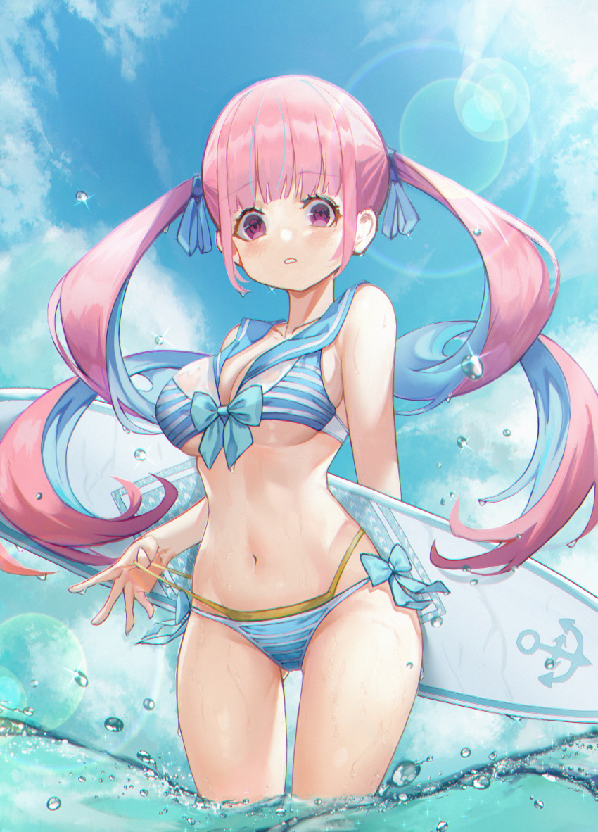 1girl absurdres ass_visible_through_thighs bangs bare_shoulders bikini blue_bikini blue_hair blue_sky blush breasts clouds cowboy_shot day eyebrows_visible_through_hair giftforalice highres hololive lens_flare long_hair medium_breasts minato_aqua multicolored_hair navel outdoors parted_lips pink_hair sky solo standing stomach striped striped_bikini surfboard swimsuit thighs twintails violet_eyes wading water