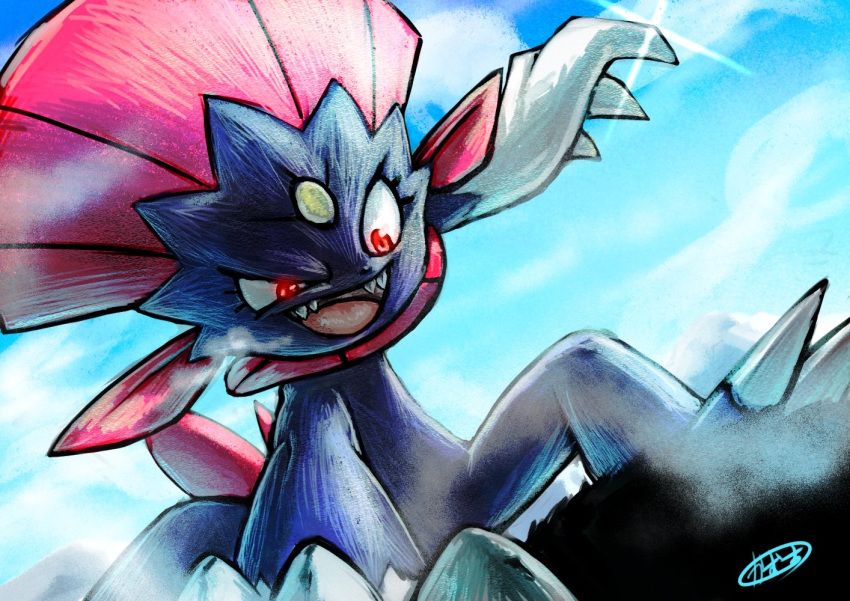 breath claws clouds commentary_request day fangs from_below gen_4_pokemon glint kaosu_(kaosu0905) looking_down no_humans open_mouth outdoors pokemon pokemon_(creature) red_eyes signature sky solo squatting tongue weavile