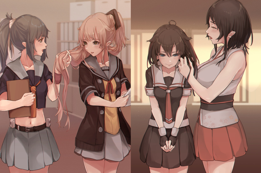 4girls ahoge black_hair black_serafuku breasts crop_top fingerless_gloves floral_print fuwafuwatoufu gloves hair_flaps hand_in_another's_hair highres kantai_collection large_breasts light_brown_hair long_hair medium_breasts midriff multiple_girls navel neckerchief open_mouth paper pleated_skirt ponytail remodel_(kantai_collection) school_uniform serafuku shigure_(kancolle) skirt small_breasts smile wristband yamashiro_(kancolle) yura_(kancolle) yuubari_(kancolle)