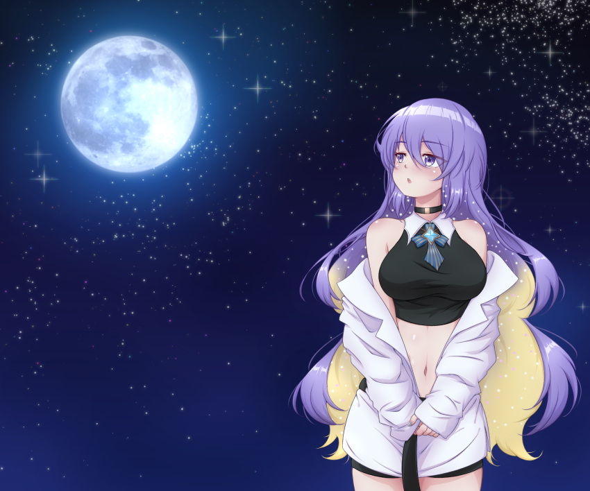 1girl bangs bare_shoulders black_choker blonde_hair breasts choker commentary cowboy_shot english_commentary eyebrows_visible_through_hair full_moon gradient_hair hair_between_eyes highres hololive hololive_indonesia large_breasts long_hair looking_away midriff mixed-language_commentary moon moona_hoshinova multicolored_hair navel object_namesake off_shoulder open_clothes p-nekoe purple_hair sky sleeves_past_wrists solo star_(sky) starry_sky v_arms very_long_hair violet_eyes virtual_youtuber