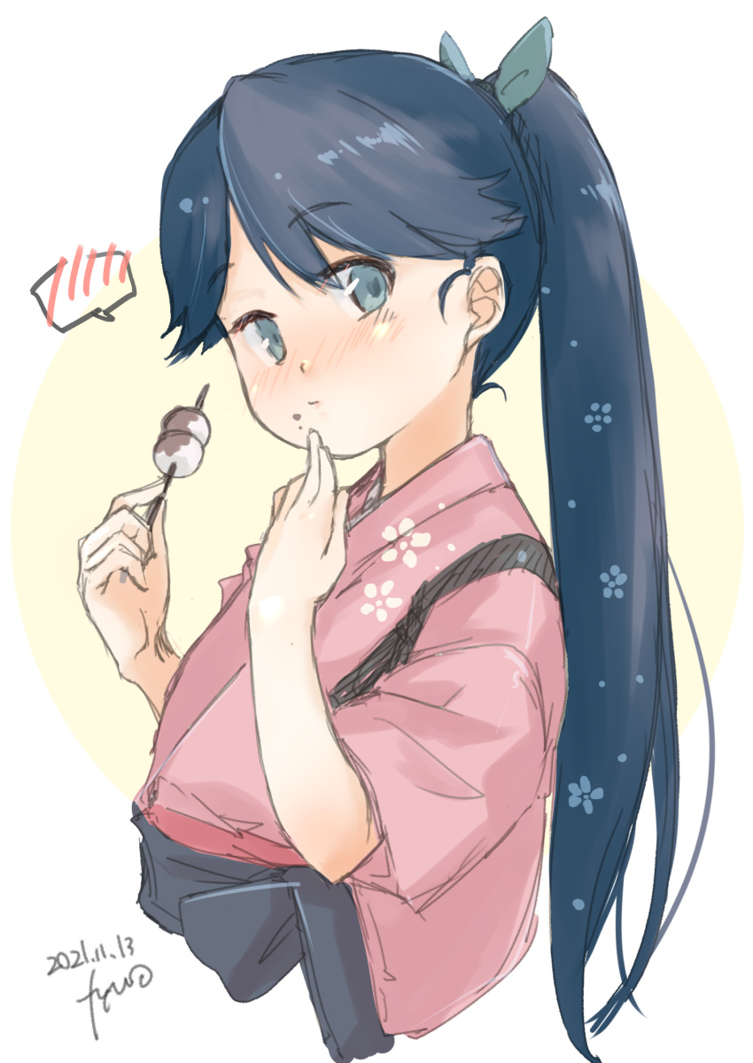 1girl absurdres black_hair dango dated food fyuo grey_eyes hand_on_own_face highres houshou_(kancolle) japanese_clothes kantai_collection kimono long_hair looking_at_viewer one-hour_drawing_challenge pink_kimono ponytail simple_background solo spoken_blush tasuki upper_body wagashi white_background