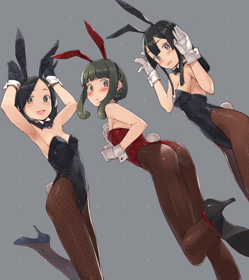 3girls alternate_costume animal_ears ass bangs black_footwear black_gloves black_hair black_legwear black_leotard blunt_bangs blush bow bowtie breasts bunny_pose bunny_tail closed_mouth detached_collar eyebrows_visible_through_hair fishnet_legwear fishnets gahaku gloves green_eyes green_hair grey_background hair_ornament hairclip high_heels highres kantai_collection kuroshio_(kancolle) leotard long_hair multiple_girls open_mouth oyashio_(kancolle) pantyhose playboy_bunny rabbit_ears red_footwear red_leotard short_hair sidelocks simple_background small_breasts tail takanami_(kancolle) white_gloves wrist_cuffs