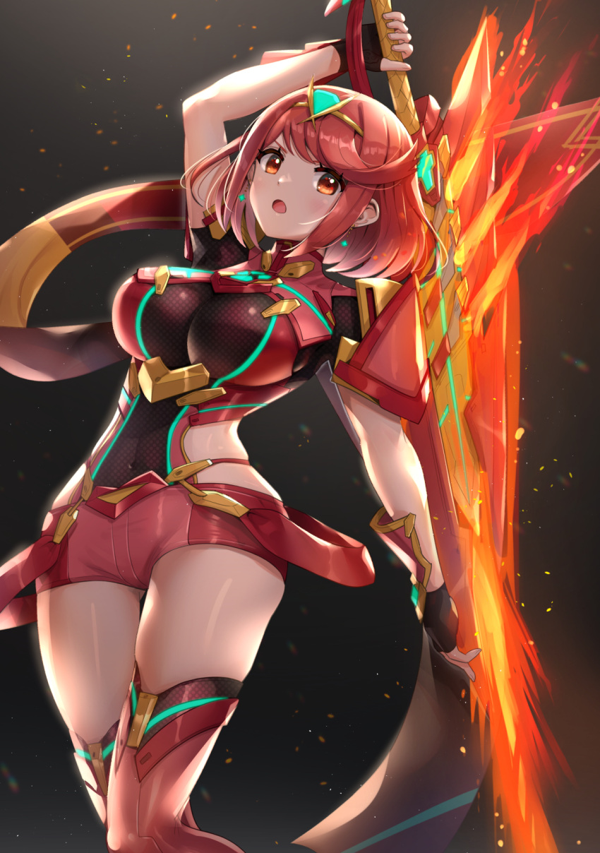 1girl aegis_sword_(xenoblade) bangs black_gloves breasts chest_jewel earrings fingerless_gloves gloves gonzarez highres jewelry large_breasts pyra_(xenoblade) red_eyes red_legwear red_shorts redhead short_hair short_shorts shorts swept_bangs sword thigh-highs tiara weapon xenoblade_chronicles_(series) xenoblade_chronicles_2